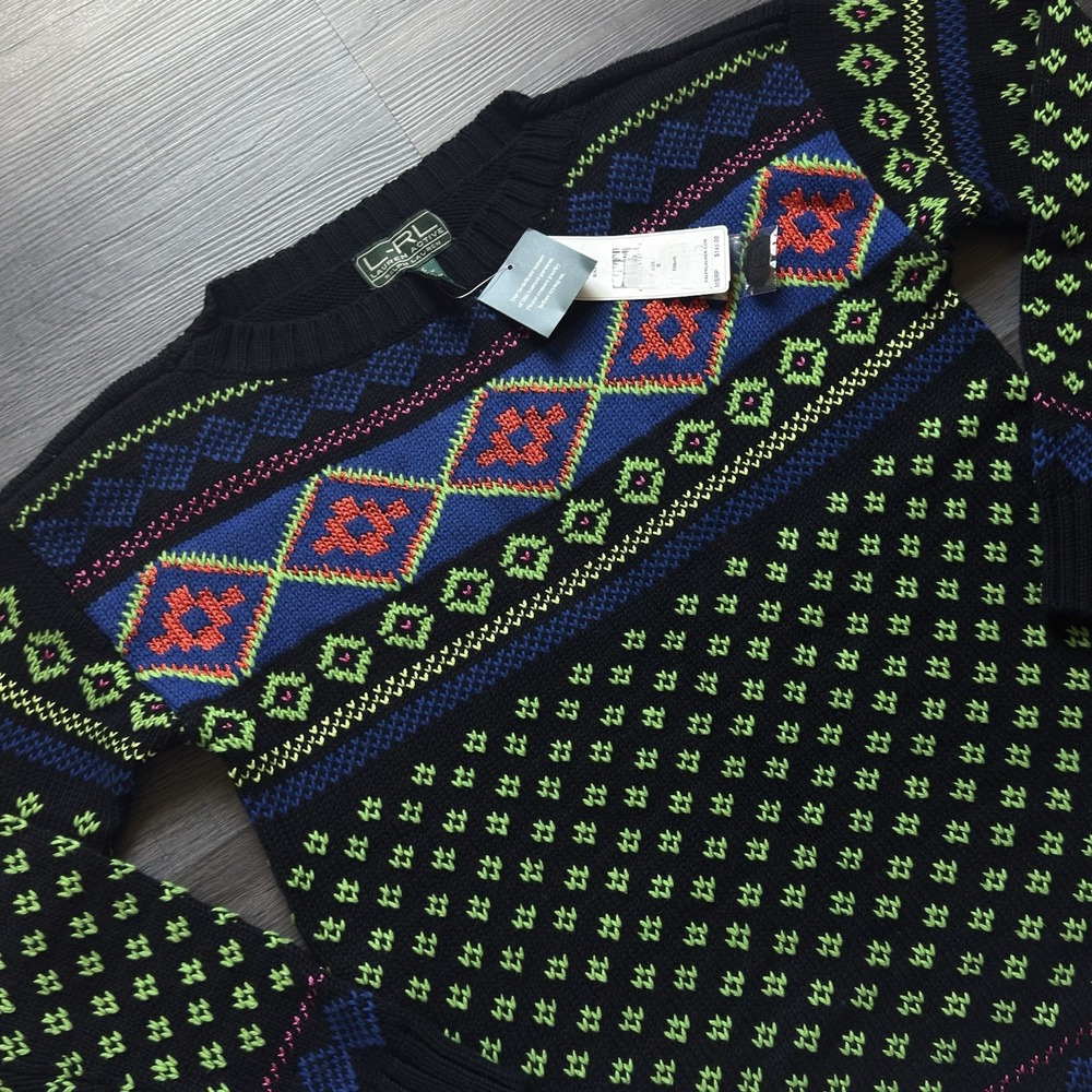 New Ralph Lauren Nordic Fair Isle Aztec Sweater Womens S Cotton MSRP $145 Neon